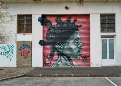un graff sur un volets roulant rouge avec un personnage aux cheveux crépus...