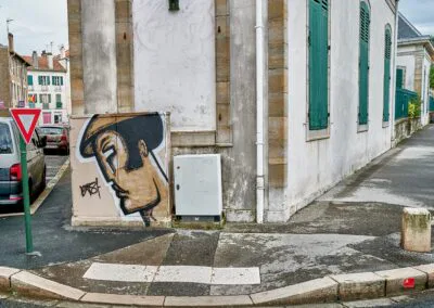 dans le quartier St Esprit, un coffret Telecom peint du portrait d'un homme dans les tons de marron & noir