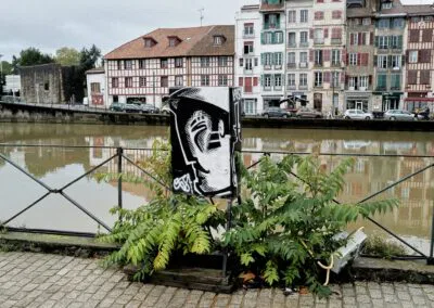 sur les quais de la Nive, un homme est peint, en noir et blanc, sur un coffret électrique de chantier ; aux pieds de plantes sauvages