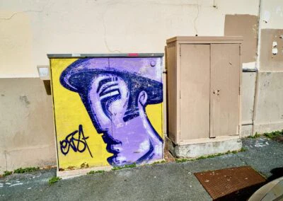 peinture sur un coffret technique Telecom : le personnage emblématique d'EXIST (en 3 couleurs)