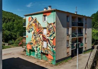Street Art en Cévennes 5 Résidence des Tigres : nom donné par les habitants ! fresque sur 3 étages dans la résidence Lalle : artiste urbain : Le Long
